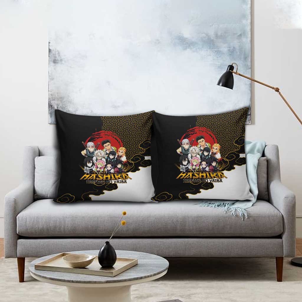 Demon Slayer Hashira Group Design Pillow Cover with Gold Cloud Pattern and Stylized Kanji Motif - The Mazicc
