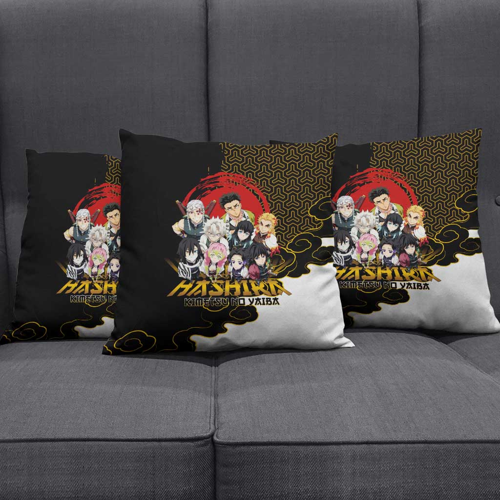 Demon Slayer Hashira Group Design Pillow Cover with Gold Cloud Pattern and Stylized Kanji Motif - The Mazicc