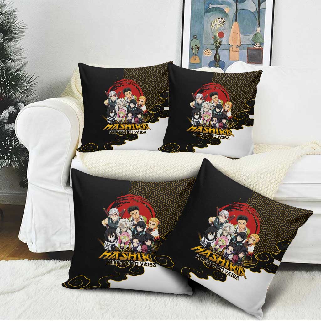 Demon Slayer Hashira Group Design Pillow Cover with Gold Cloud Pattern and Stylized Kanji Motif - The Mazicc