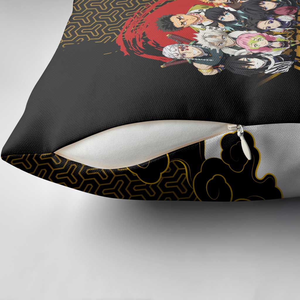 Demon Slayer Hashira Group Design Pillow Cover with Gold Cloud Pattern and Stylized Kanji Motif - The Mazicc