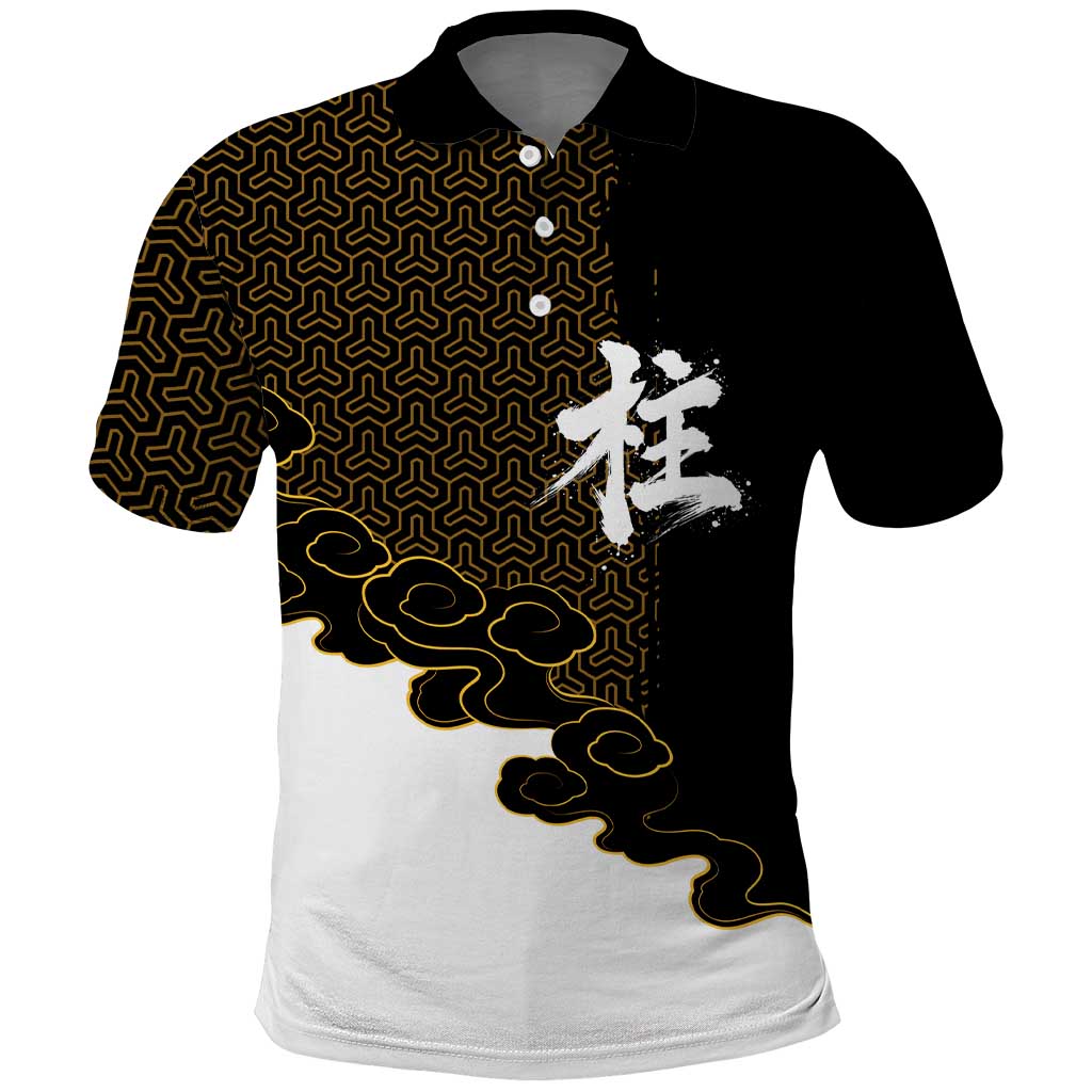 Demon Slayer Hashira Group Design Polo Shirt with Gold Cloud Pattern and Stylized Kanji Motif - The Mazicc