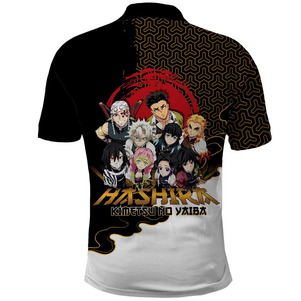 Demon Slayer Hashira Group Design Polo Shirt with Gold Cloud Pattern and Stylized Kanji Motif - The Mazicc