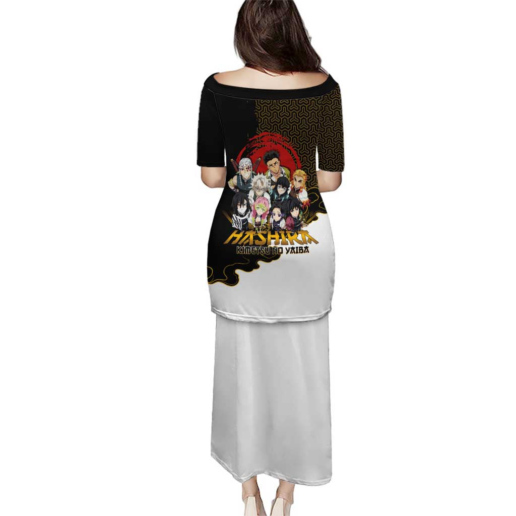 Demon Slayer Hashira Group Design Puletasi with Gold Cloud Pattern and Stylized Kanji Motif - The Mazicc