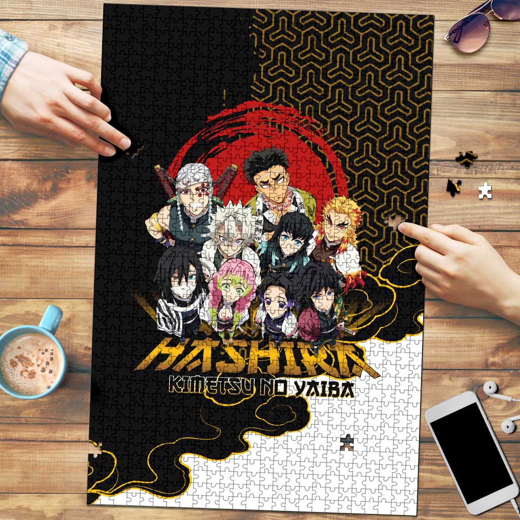 Demon Slayer Hashira Group Design Puzzle with Gold Cloud Pattern and Stylized Kanji Motif - The Mazicc