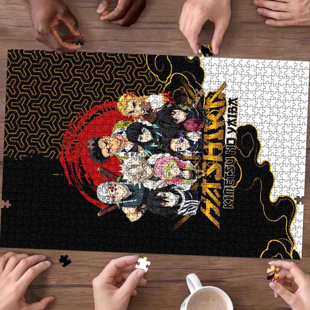 Demon Slayer Hashira Group Design Puzzle with Gold Cloud Pattern and Stylized Kanji Motif - The Mazicc