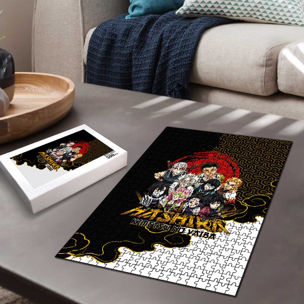 Demon Slayer Hashira Group Design Puzzle with Gold Cloud Pattern and Stylized Kanji Motif - The Mazicc
