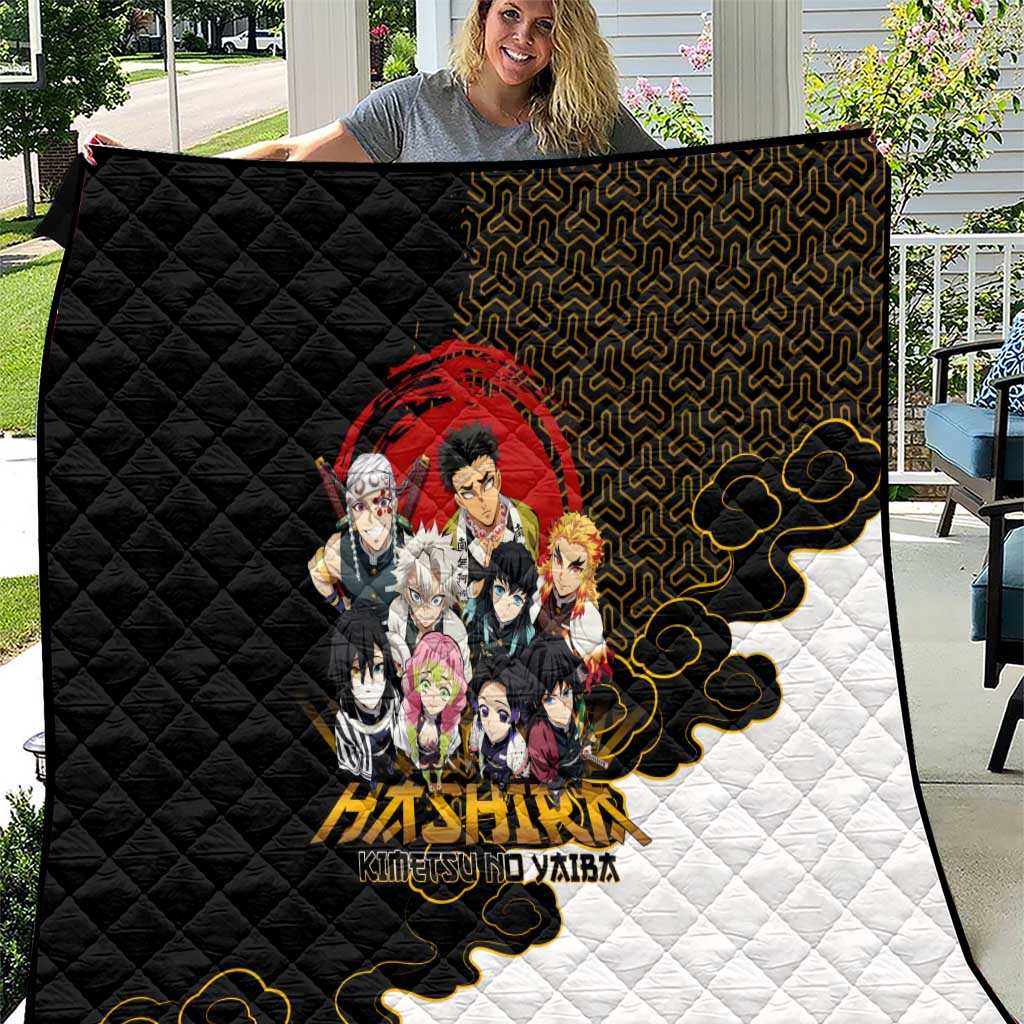 Demon Slayer Hashira Group Design Quilt with Gold Cloud Pattern and Stylized Kanji Motif - The Mazicc