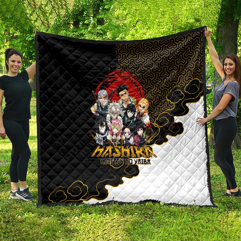 Demon Slayer Hashira Group Design Quilt with Gold Cloud Pattern and Stylized Kanji Motif - The Mazicc