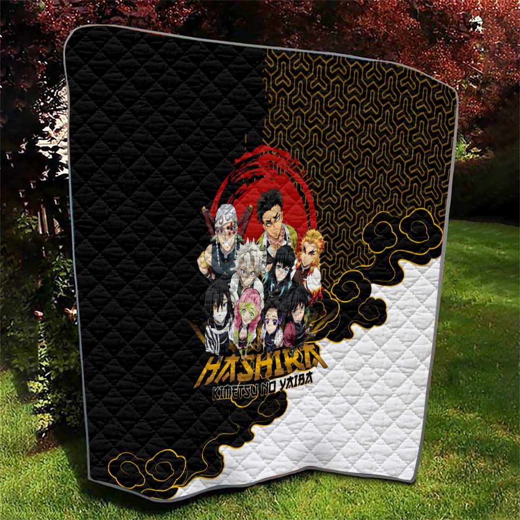 Demon Slayer Hashira Group Design Quilt with Gold Cloud Pattern and Stylized Kanji Motif - The Mazicc