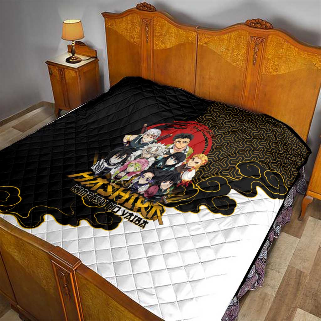 Demon Slayer Hashira Group Design Quilt with Gold Cloud Pattern and Stylized Kanji Motif - The Mazicc