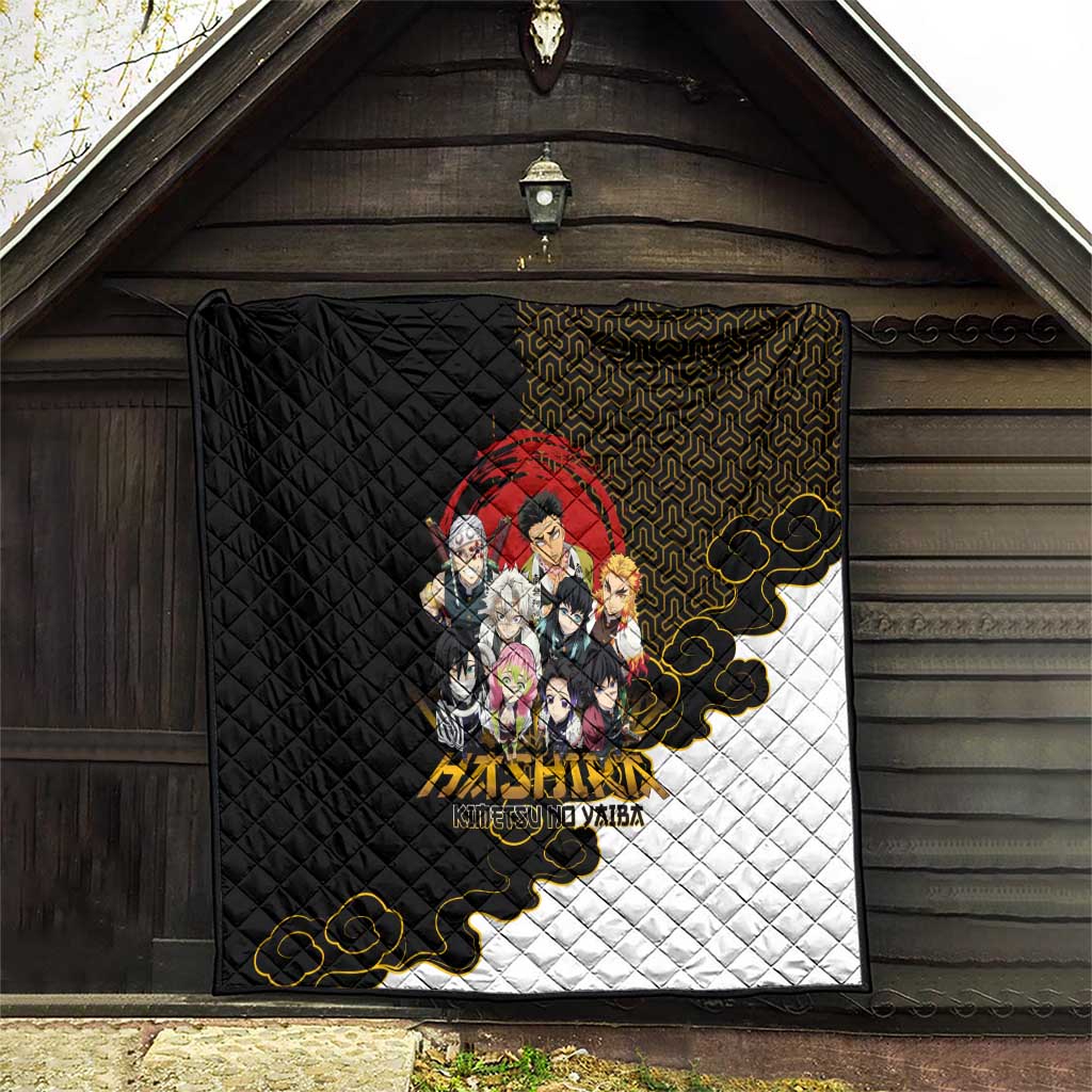 Demon Slayer Hashira Group Design Quilt with Gold Cloud Pattern and Stylized Kanji Motif - The Mazicc