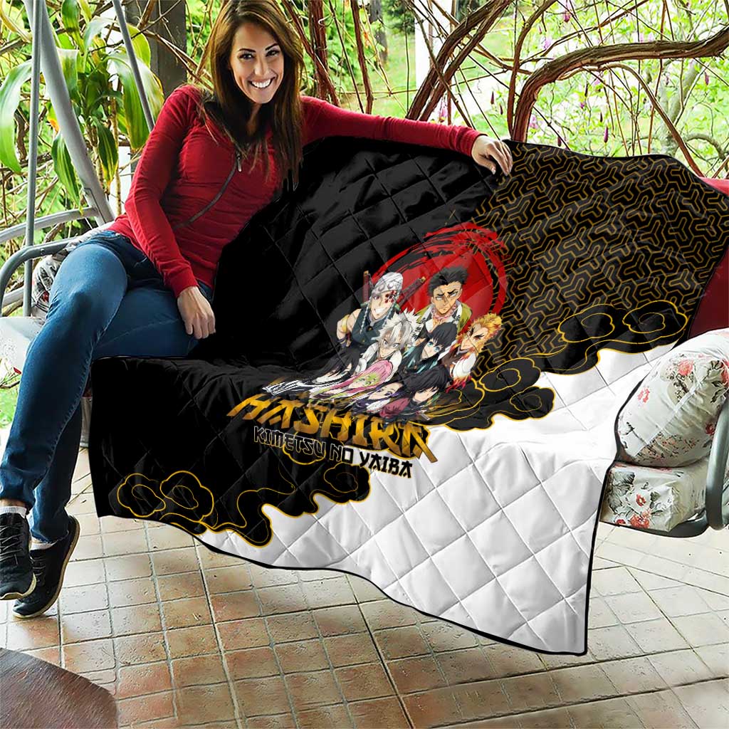 Demon Slayer Hashira Group Design Quilt with Gold Cloud Pattern and Stylized Kanji Motif - The Mazicc