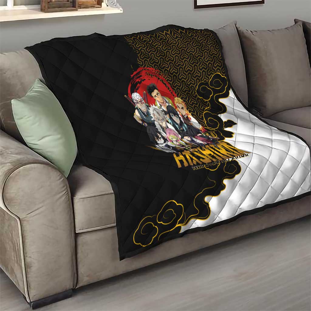 Demon Slayer Hashira Group Design Quilt with Gold Cloud Pattern and Stylized Kanji Motif - The Mazicc