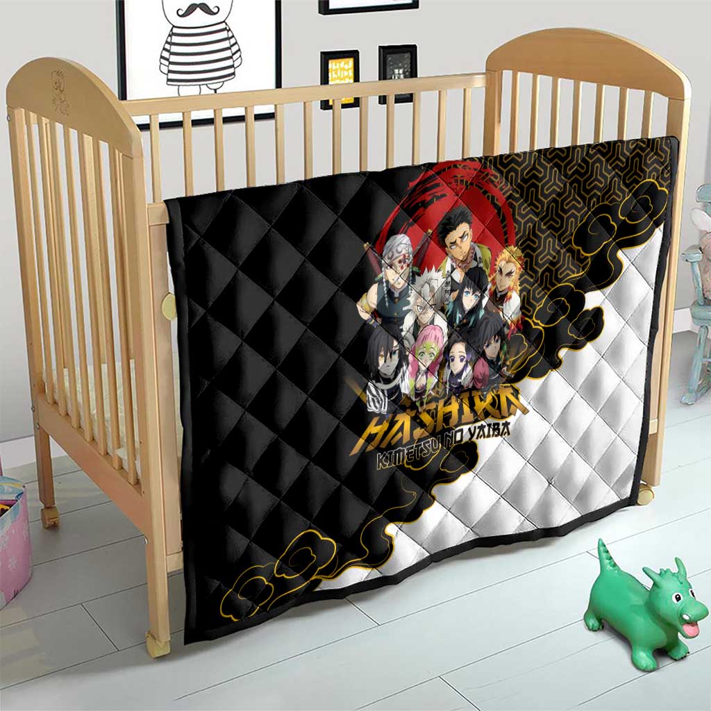 Demon Slayer Hashira Group Design Quilt with Gold Cloud Pattern and Stylized Kanji Motif - The Mazicc