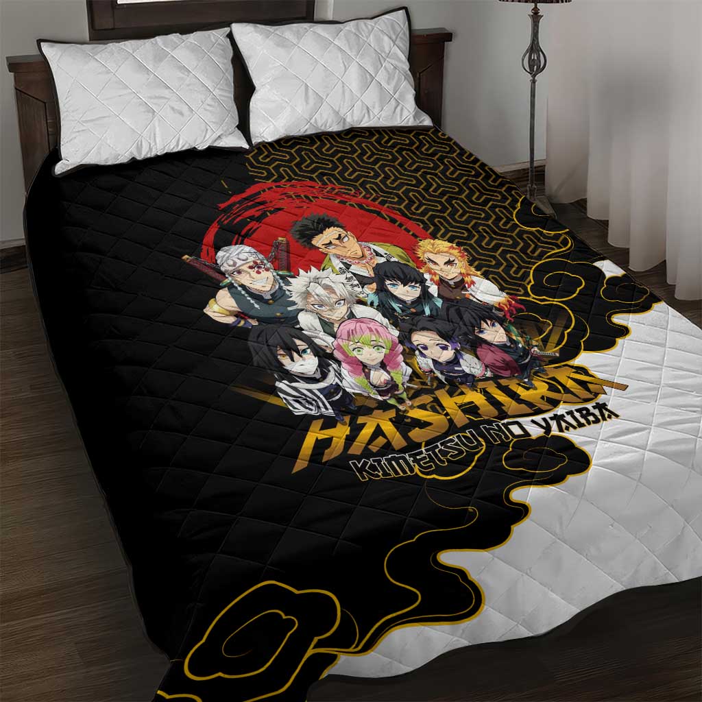 Demon Slayer Hashira Group Design Quilt Bed Set with Gold Cloud Pattern and Stylized Kanji Motif - The Mazicc