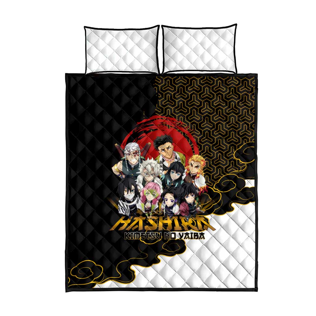 Demon Slayer Hashira Group Design Quilt Bed Set with Gold Cloud Pattern and Stylized Kanji Motif - The Mazicc