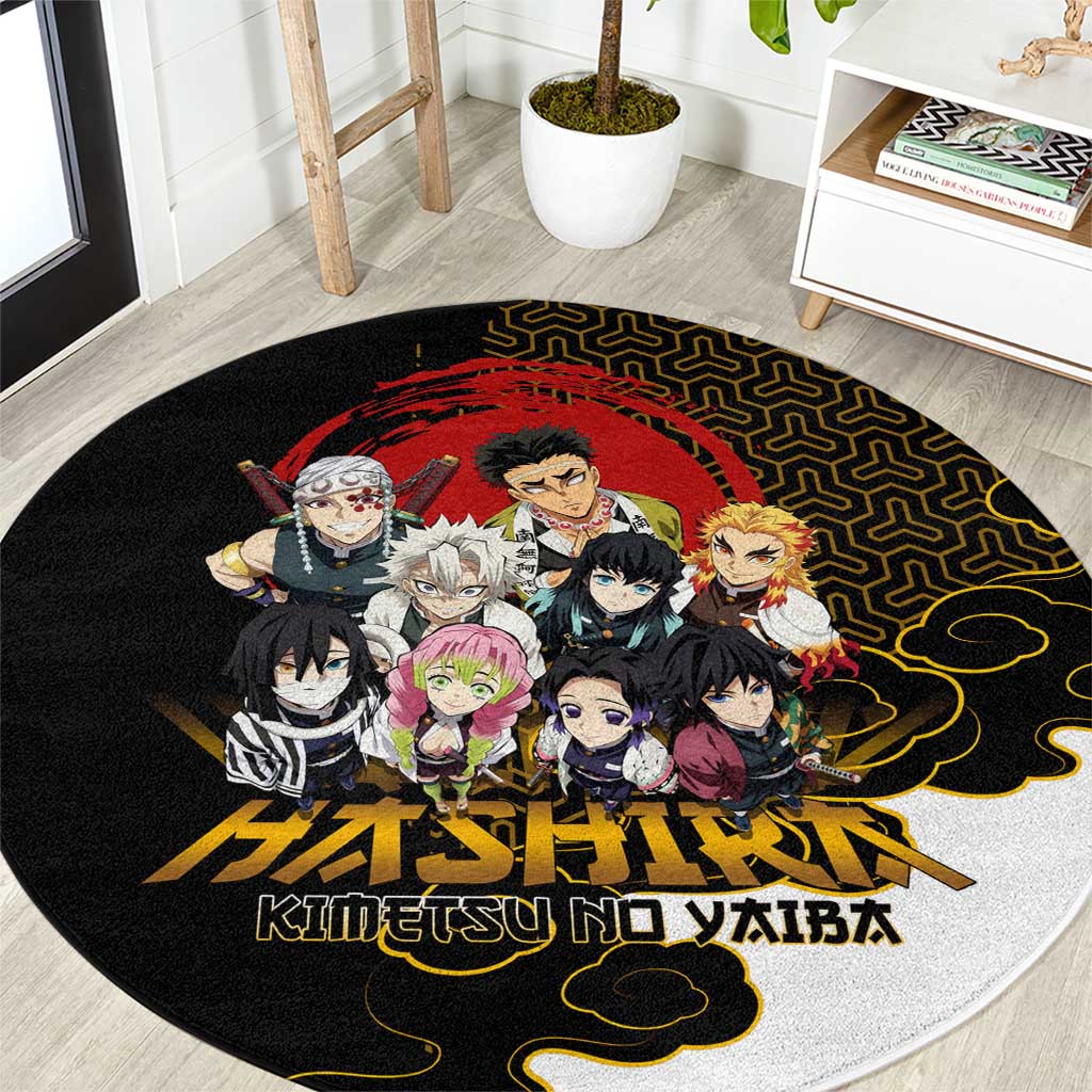 Demon Slayer Hashira Group Design Round Carpet with Gold Cloud Pattern and Stylized Kanji Motif - The Mazicc