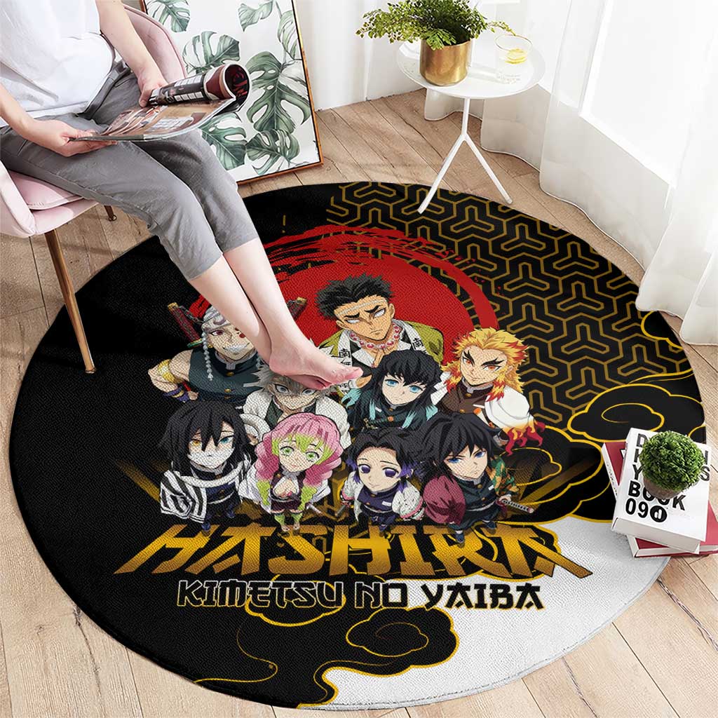 Demon Slayer Hashira Group Design Round Carpet with Gold Cloud Pattern and Stylized Kanji Motif - The Mazicc