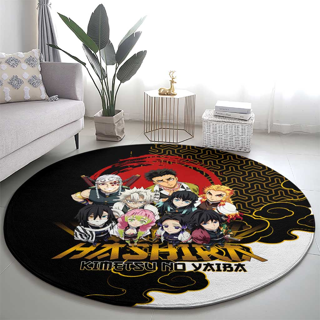 Demon Slayer Hashira Group Design Round Carpet with Gold Cloud Pattern and Stylized Kanji Motif - The Mazicc
