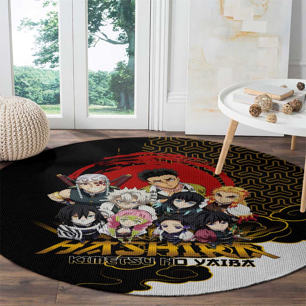 Demon Slayer Hashira Group Design Round Carpet with Gold Cloud Pattern and Stylized Kanji Motif - The Mazicc