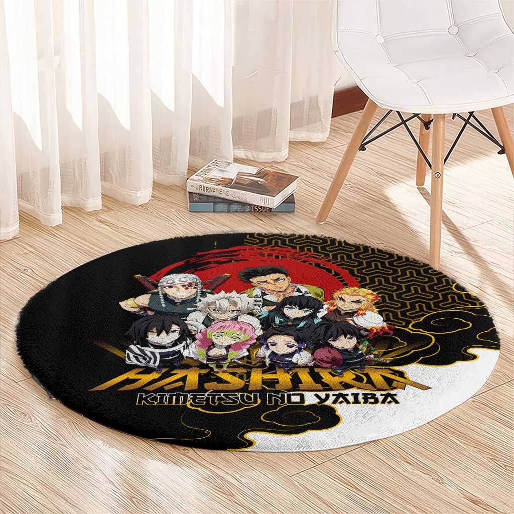 Demon Slayer Hashira Group Design Round Carpet with Gold Cloud Pattern and Stylized Kanji Motif - The Mazicc