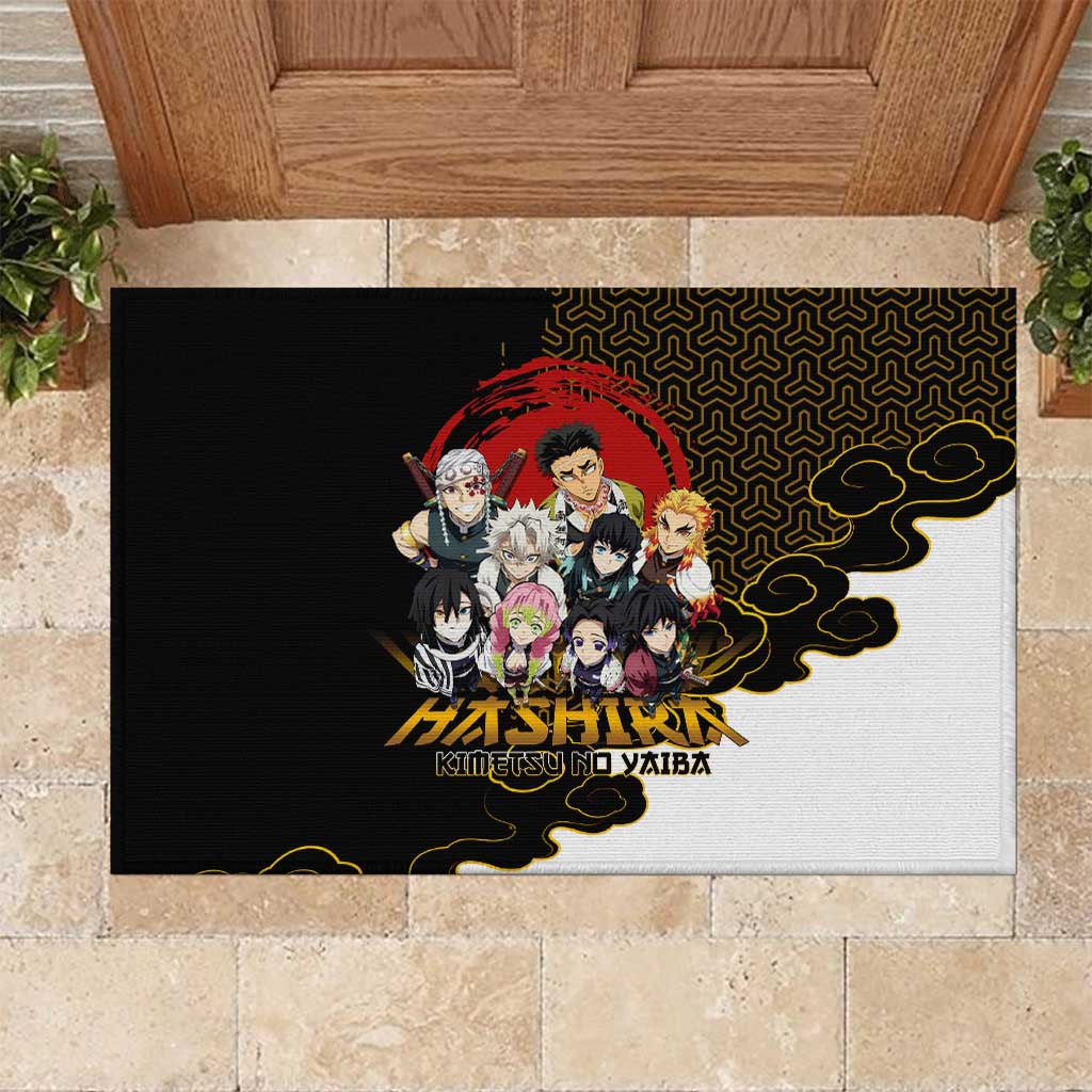 Demon Slayer Hashira Group Design Rubber Doormat with Gold Cloud Pattern and Stylized Kanji Motif - The Mazicc