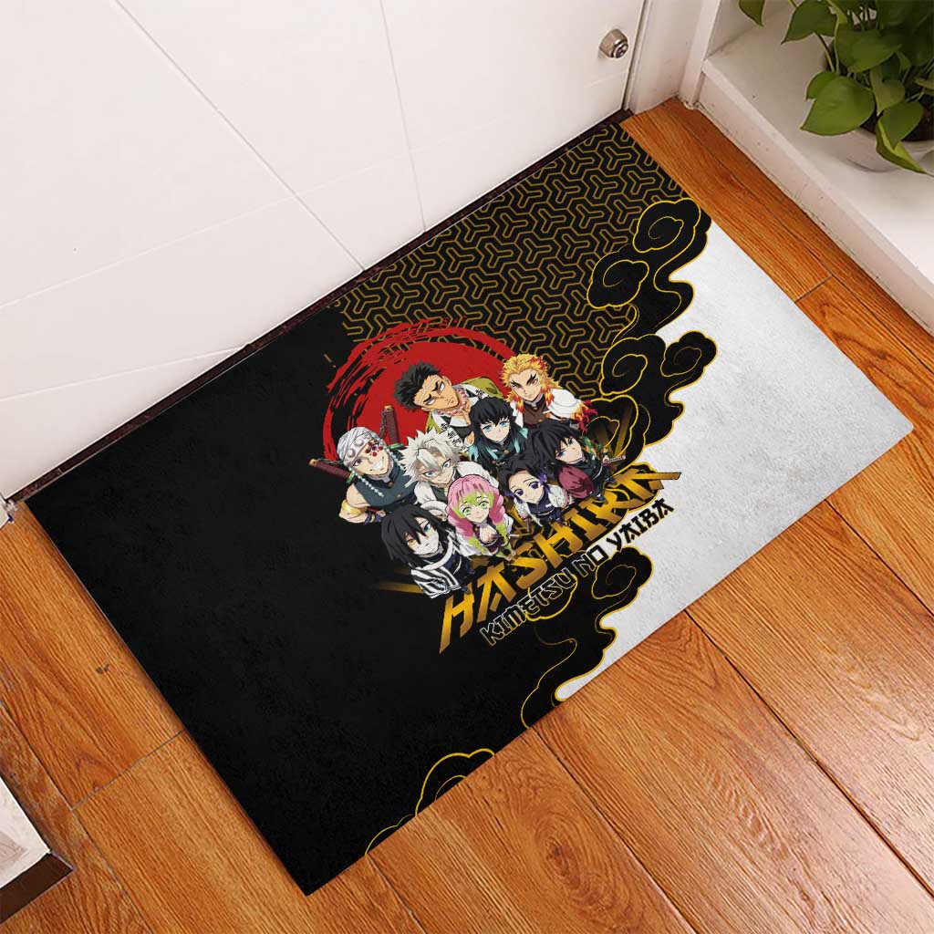 Demon Slayer Hashira Group Design Rubber Doormat with Gold Cloud Pattern and Stylized Kanji Motif - The Mazicc
