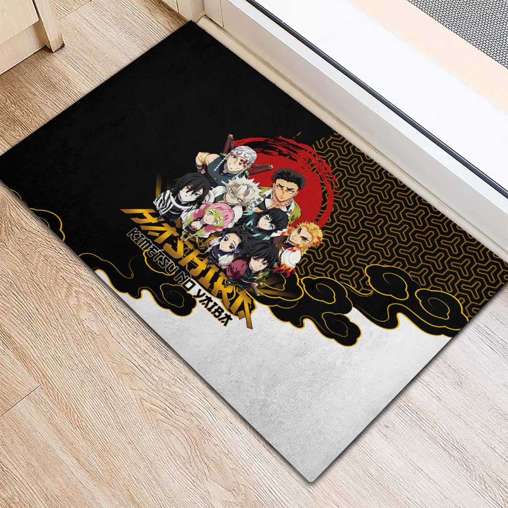 Demon Slayer Hashira Group Design Rubber Doormat with Gold Cloud Pattern and Stylized Kanji Motif - The Mazicc