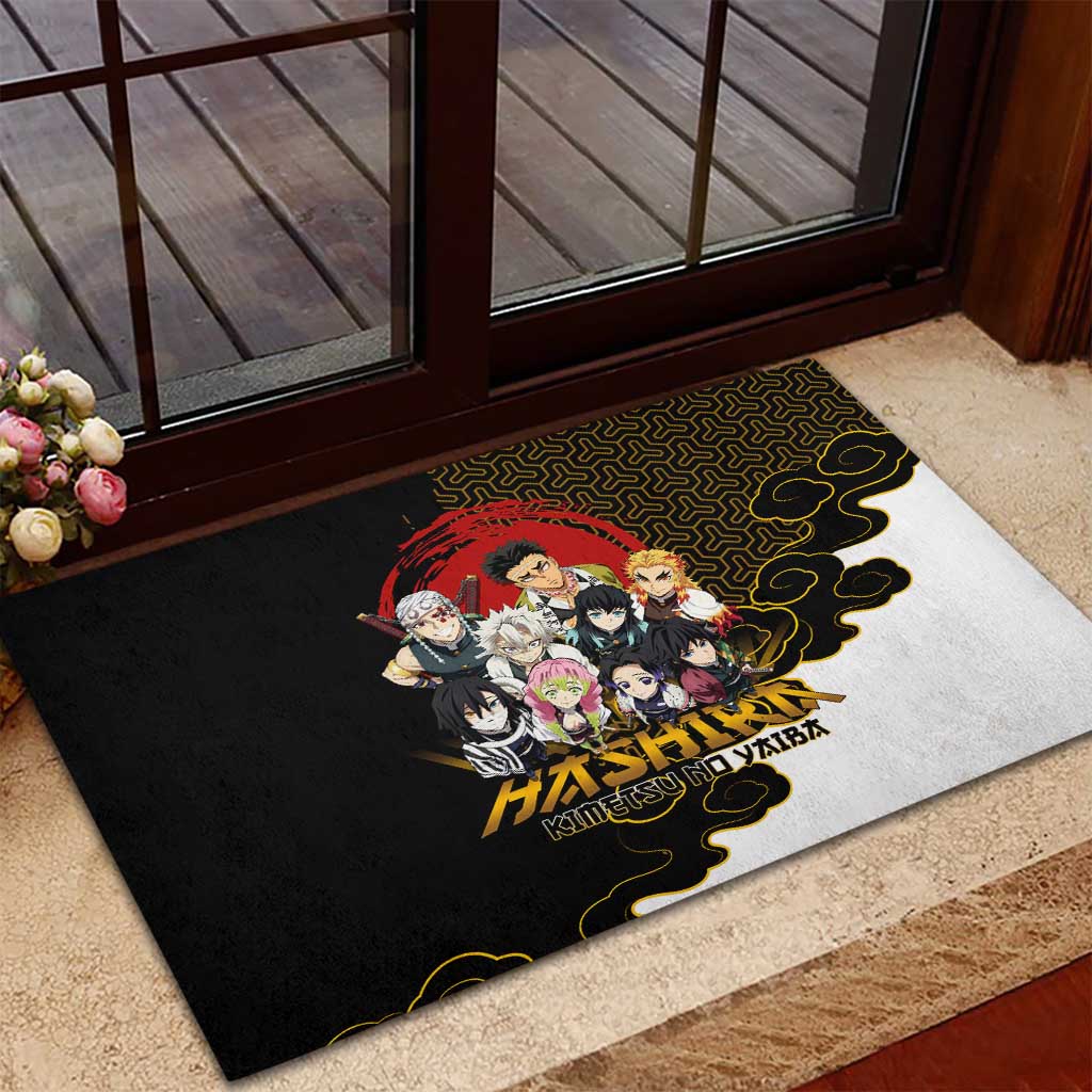 Demon Slayer Hashira Group Design Rubber Doormat with Gold Cloud Pattern and Stylized Kanji Motif - The Mazicc