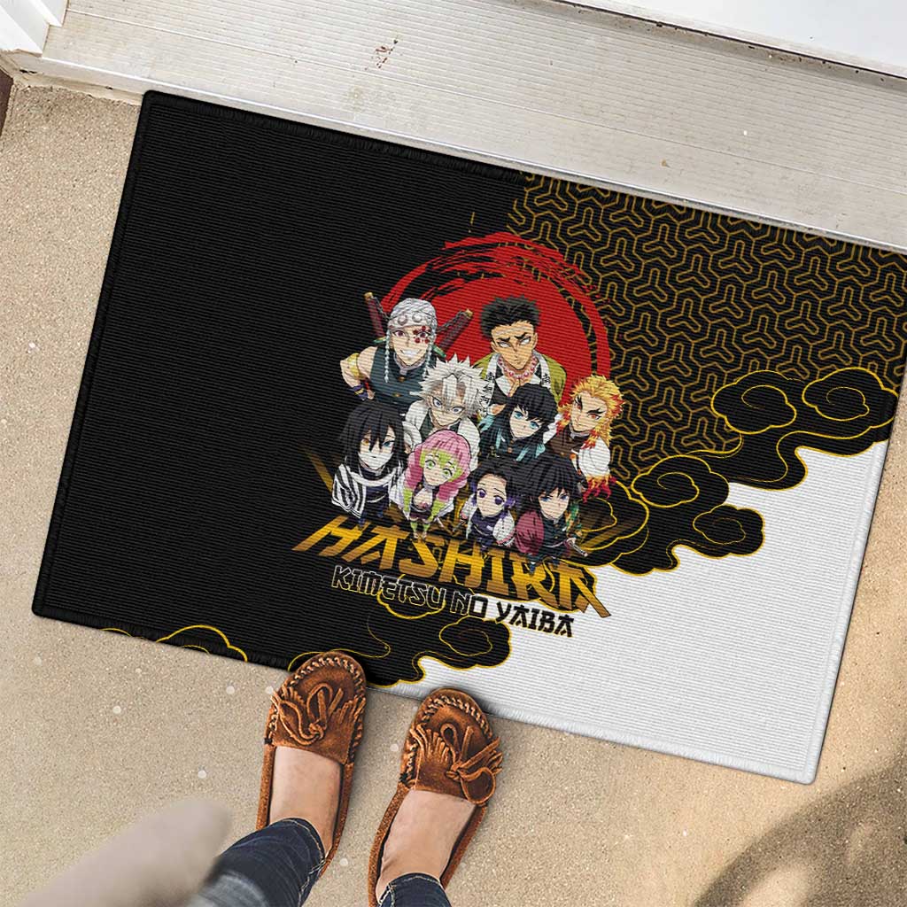 Demon Slayer Hashira Group Design Rubber Doormat with Gold Cloud Pattern and Stylized Kanji Motif - The Mazicc