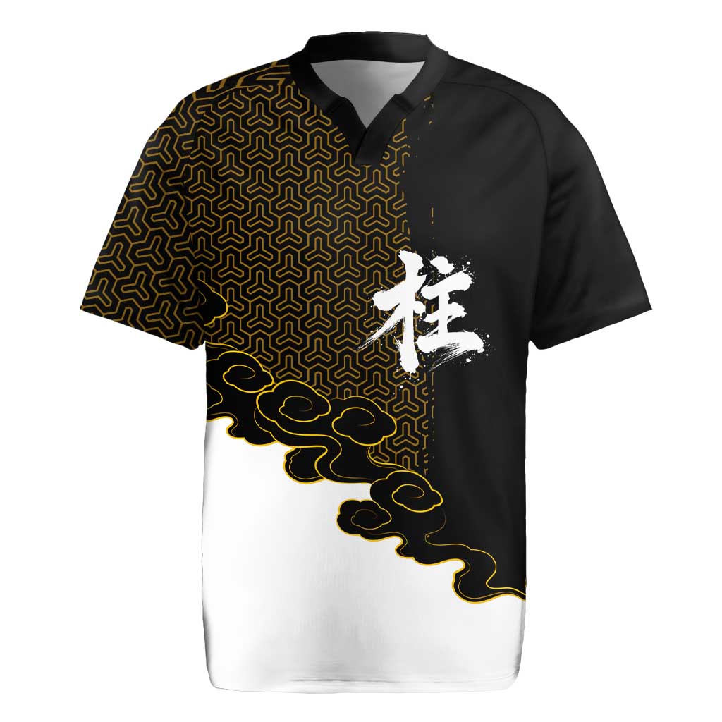 Demon Slayer Hashira Group Design Rugby Jersey with Gold Cloud Pattern and Stylized Kanji Motif - The Mazicc