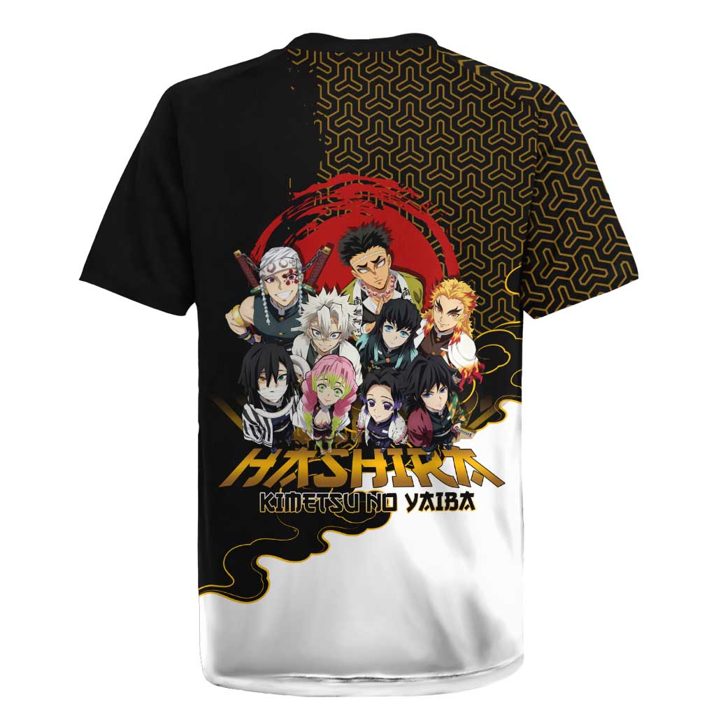 Demon Slayer Hashira Group Design Rugby Jersey with Gold Cloud Pattern and Stylized Kanji Motif - The Mazicc