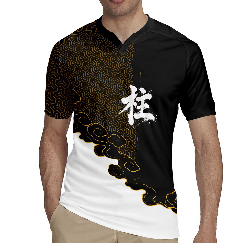 Demon Slayer Hashira Group Design Rugby Jersey with Gold Cloud Pattern and Stylized Kanji Motif - The Mazicc