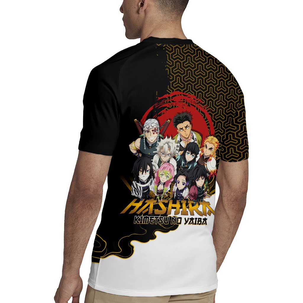 Demon Slayer Hashira Group Design Rugby Jersey with Gold Cloud Pattern and Stylized Kanji Motif - The Mazicc