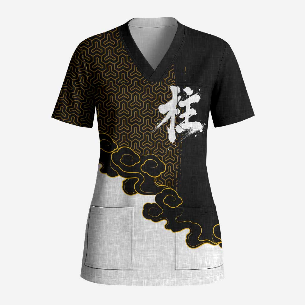 Demon Slayer Hashira Group Design Scrub Top with Gold Cloud Pattern and Stylized Kanji Motif - The Mazicc