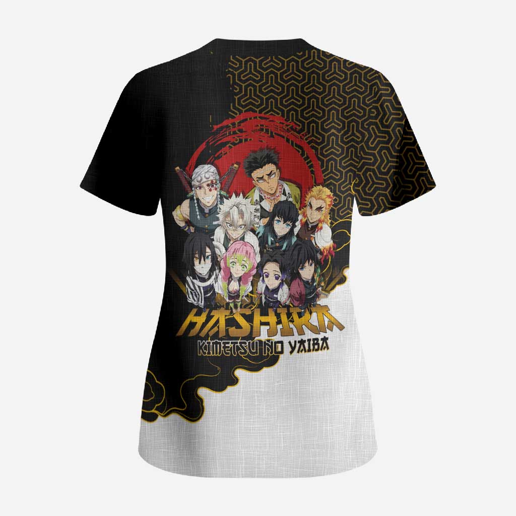 Demon Slayer Hashira Group Design Scrub Top with Gold Cloud Pattern and Stylized Kanji Motif - The Mazicc