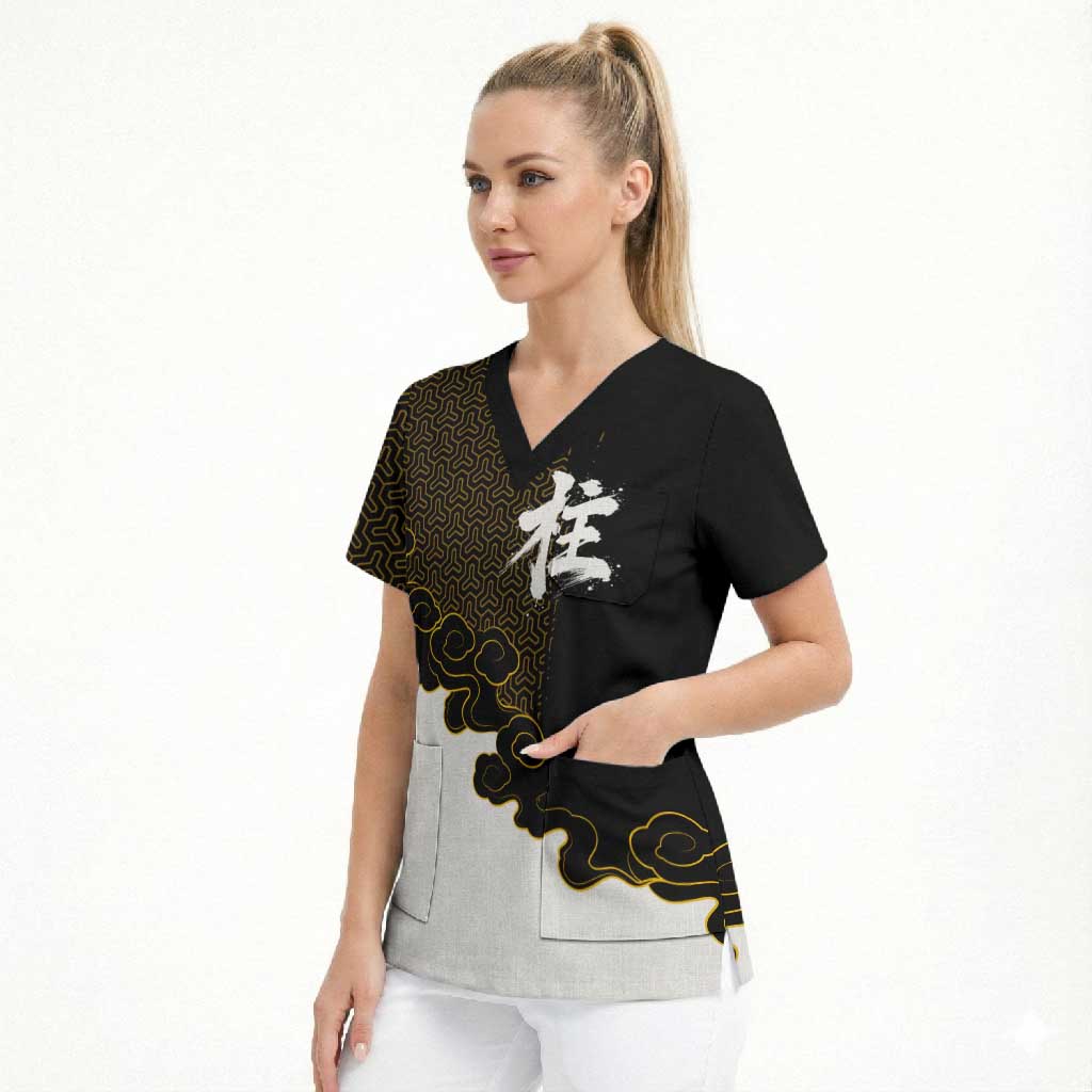 Demon Slayer Hashira Group Design Scrub Top with Gold Cloud Pattern and Stylized Kanji Motif - The Mazicc