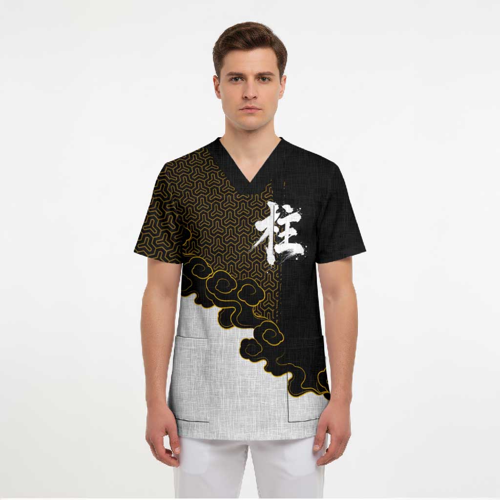 Demon Slayer Hashira Group Design Scrub Top with Gold Cloud Pattern and Stylized Kanji Motif - The Mazicc