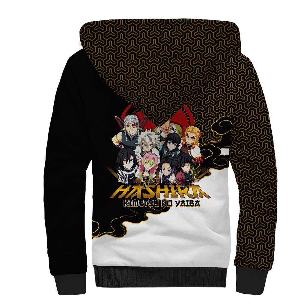 Demon Slayer Hashira Group Design Sherpa Hoodie with Gold Cloud Pattern and Stylized Kanji Motif - The Mazicc