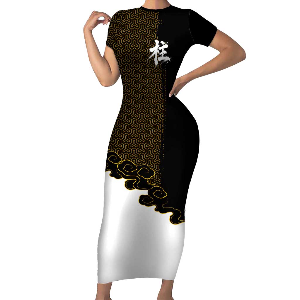 Demon Slayer Hashira Group Design Short Sleeve Bodycon Dress with Gold Cloud Pattern and Stylized Kanji Motif - The Mazicc
