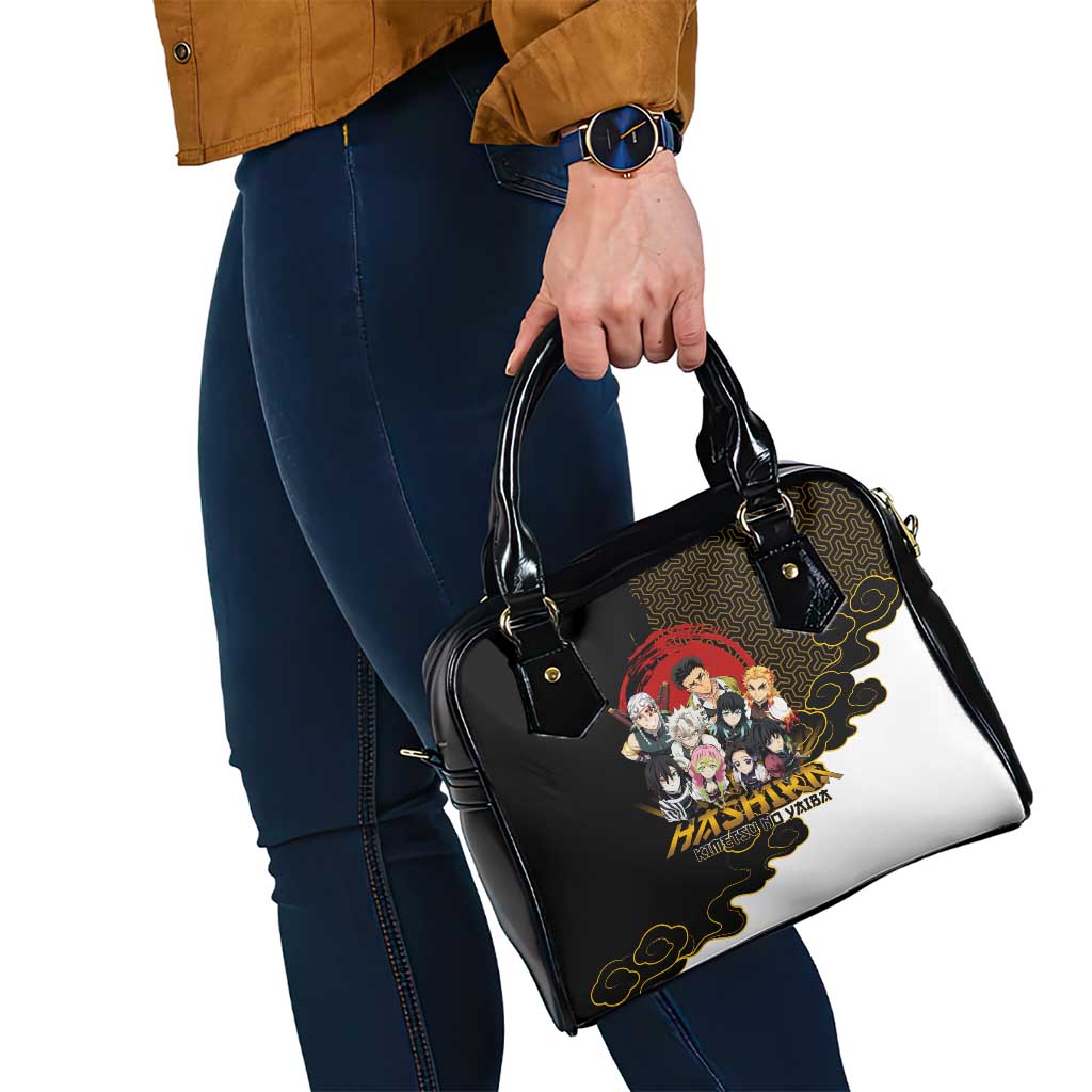 Demon Slayer Hashira Group Design Shoulder Handbag with Gold Cloud Pattern and Stylized Kanji Motif - The Mazicc