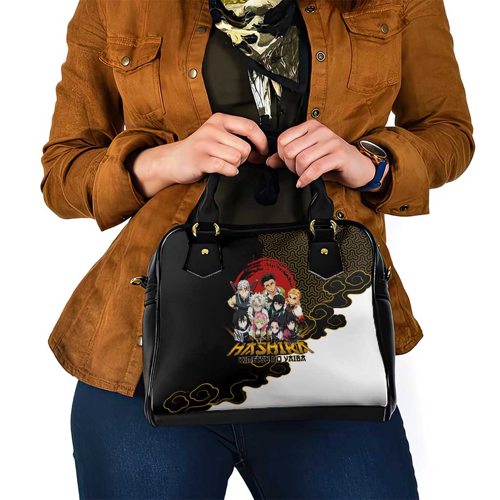 Demon Slayer Hashira Group Design Shoulder Handbag with Gold Cloud Pattern and Stylized Kanji Motif - The Mazicc