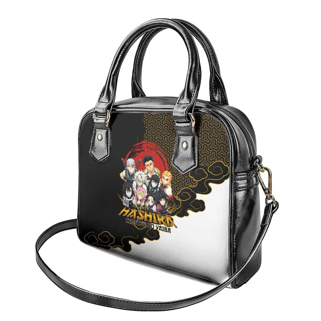 Demon Slayer Hashira Group Design Shoulder Handbag with Gold Cloud Pattern and Stylized Kanji Motif - The Mazicc
