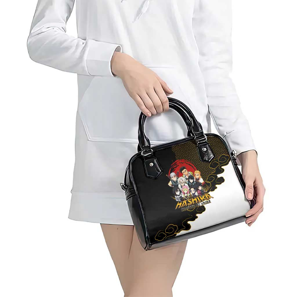 Demon Slayer Hashira Group Design Shoulder Handbag with Gold Cloud Pattern and Stylized Kanji Motif - The Mazicc