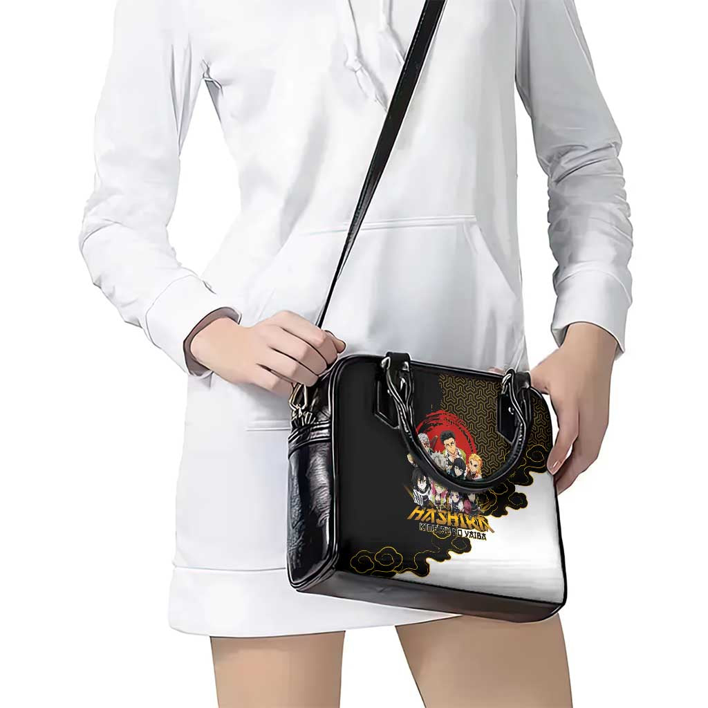 Demon Slayer Hashira Group Design Shoulder Handbag with Gold Cloud Pattern and Stylized Kanji Motif - The Mazicc