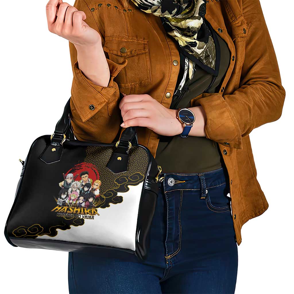 Demon Slayer Hashira Group Design Shoulder Handbag with Gold Cloud Pattern and Stylized Kanji Motif - The Mazicc