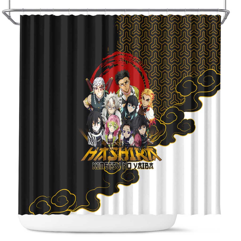 Demon Slayer Hashira Group Design Shower Curtain with Gold Cloud Pattern and Stylized Kanji Motif - The Mazicc