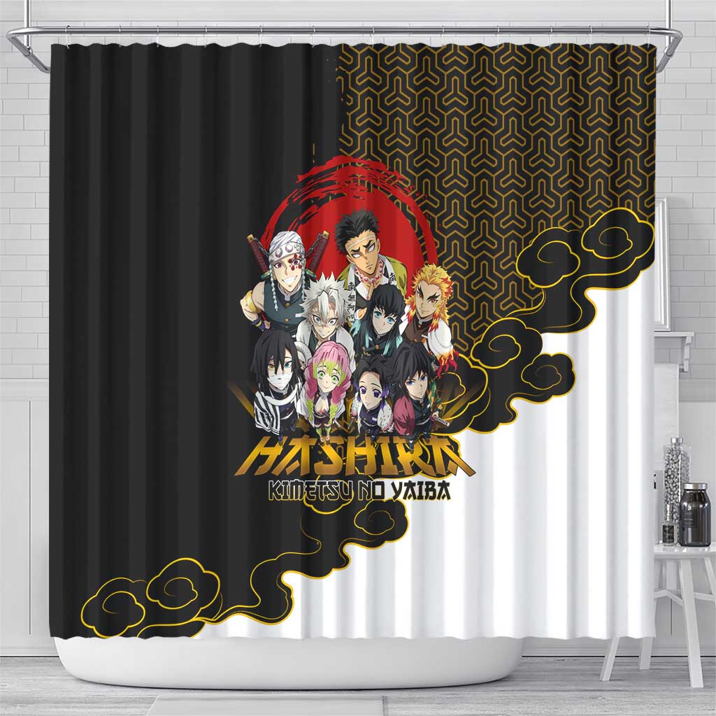 Demon Slayer Hashira Group Design Shower Curtain with Gold Cloud Pattern and Stylized Kanji Motif - The Mazicc