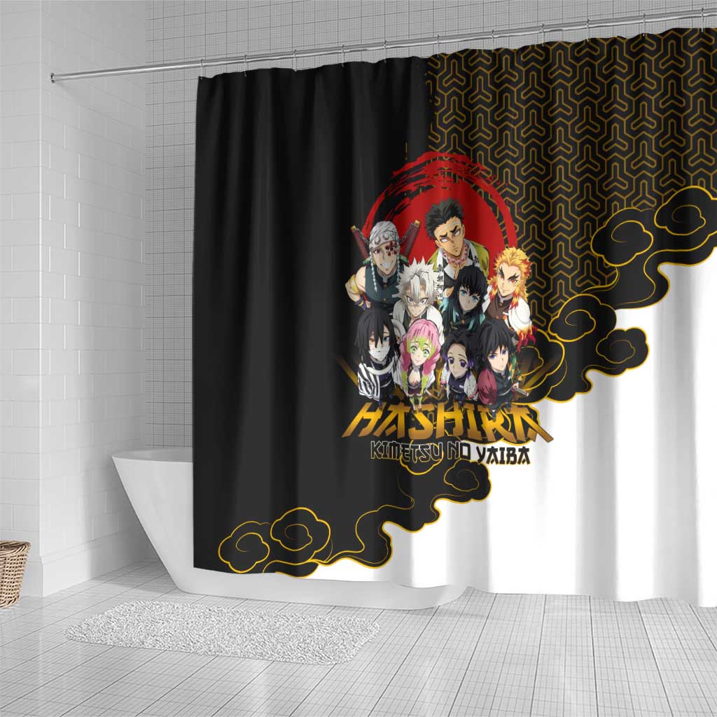 Demon Slayer Hashira Group Design Shower Curtain with Gold Cloud Pattern and Stylized Kanji Motif - The Mazicc