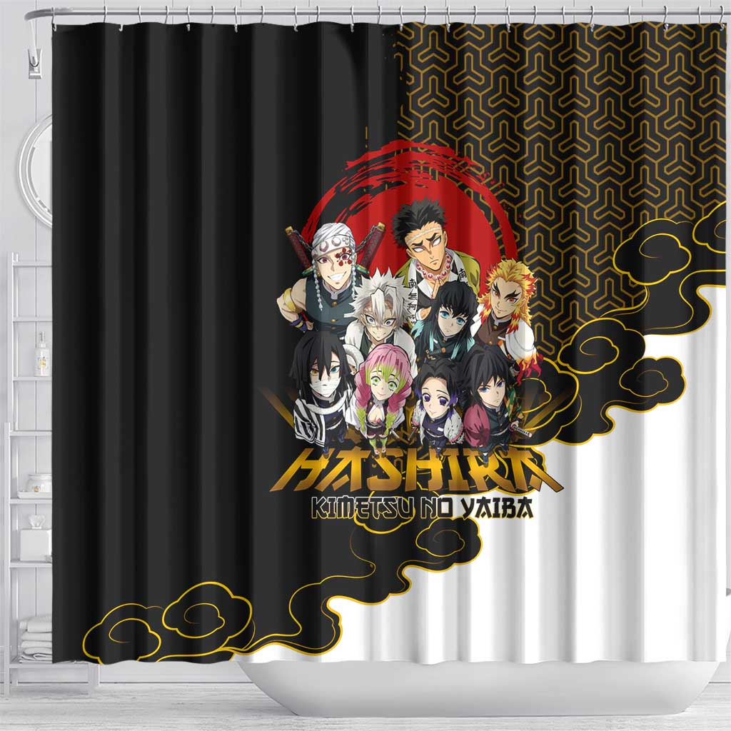 Demon Slayer Hashira Group Design Shower Curtain with Gold Cloud Pattern and Stylized Kanji Motif - The Mazicc